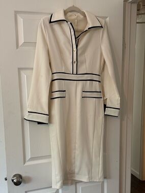 Cream Midi Shirt Dress with Black Trim